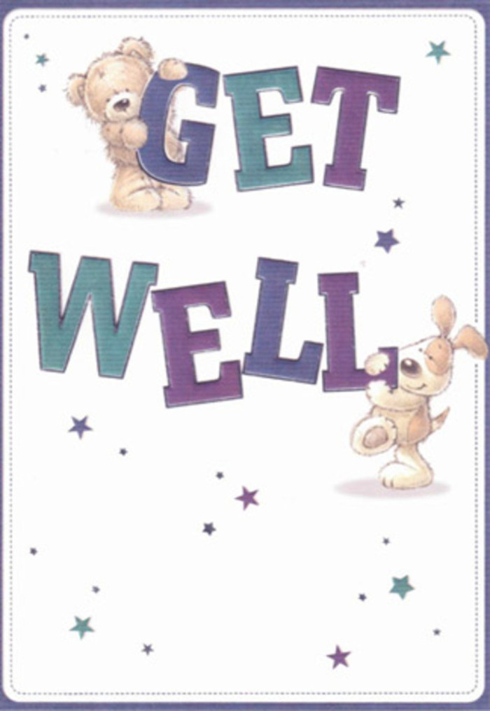 This get well card radiates gentle encouragement, masterfully depicted in a scene that could brighten any recovery across Hampstead Garden Suburb. Within a softly illuminated frame, a friendly bear-downy fur shaded in soothing neutrals-sits close to a lively puppy with velvety, floppy ears, both surrounded by cheerful, dancing stars. The confident, oversized typography in jewel-toned purples and aquas grounds the illustration, the letters themselves forming a foundation for hope and support. Their textural softness seems nearly tangible, summoning the comfort of a hand-knit scarf or a freshly delivered bouquet from a local florist on Finchley Road. The white background, pristine as a crisp linen tablecloth, conjures a sense of renewal and quiet clarity-echoing the fresh start one feels when welcoming flowers into the home. It's easy to imagine pairing this card with a thoughtful floral arrangement, the two acting as a twin gesture of caring for a neighbour or friend around Central Square in NW11. Altogether, the illustration's innocence and gentle warmth speak a universal language of healing, perfectly tailored for a community that values both heartfelt traditions and everyday acts of kindness.